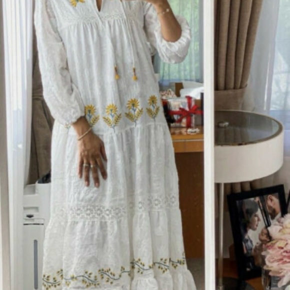Zara Dresses & Skirts - Zara White Maxi Dress with Yellow Floral Embroidery